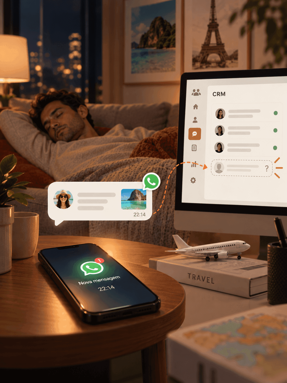 Balcão de agência vazio no fim do dia, com o WhatsApp ainda aceso.